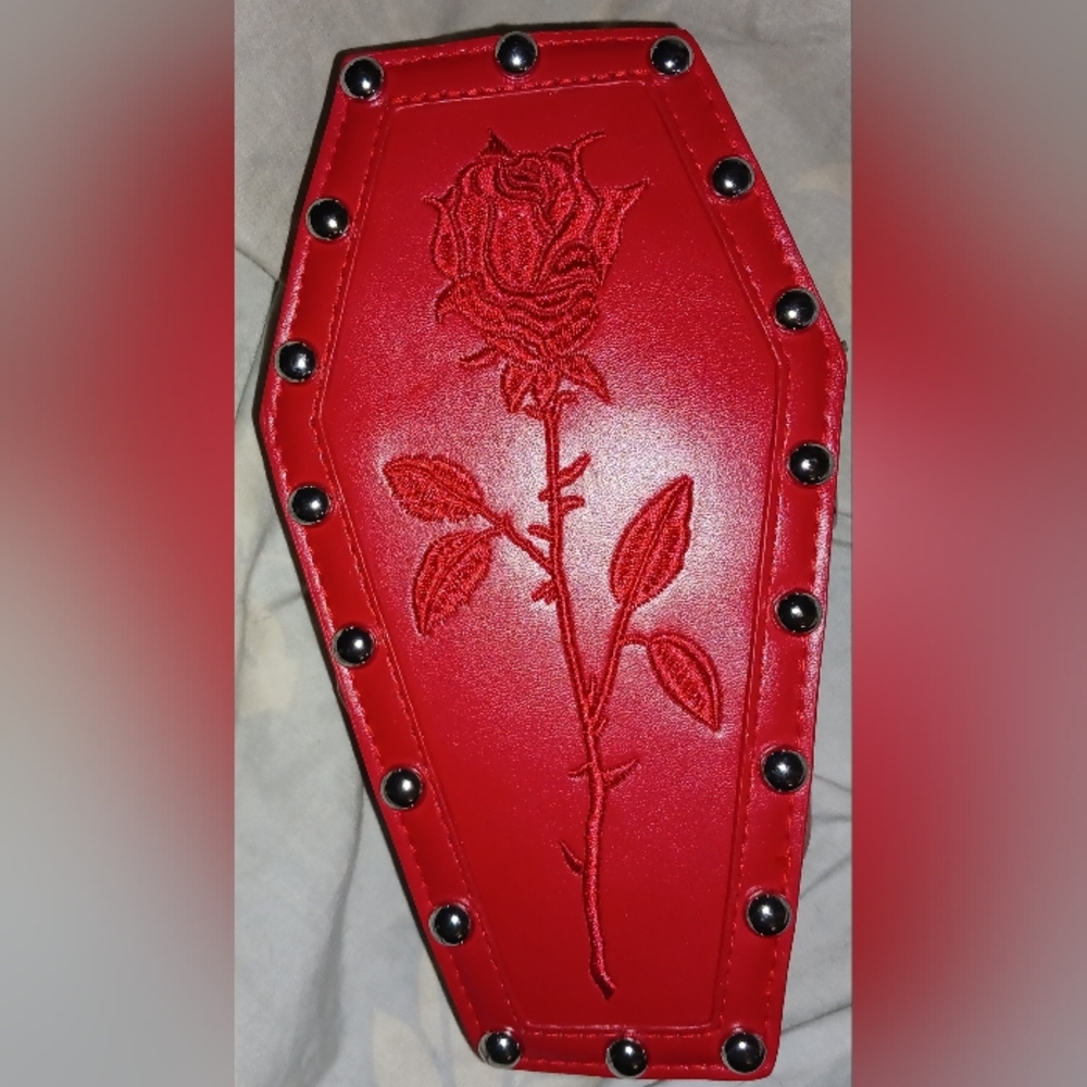 NWT Red embroidered Coffin shaped crossbody with adjustable strap
